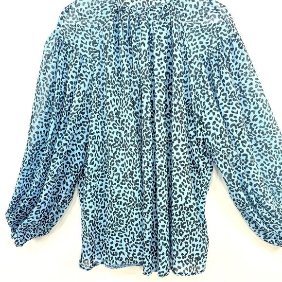 ASOS Blue Black Cheetah Print Semi Sheer Oversized Puff Sleeve Flowy Poet Blouse - Picture 5 of 16